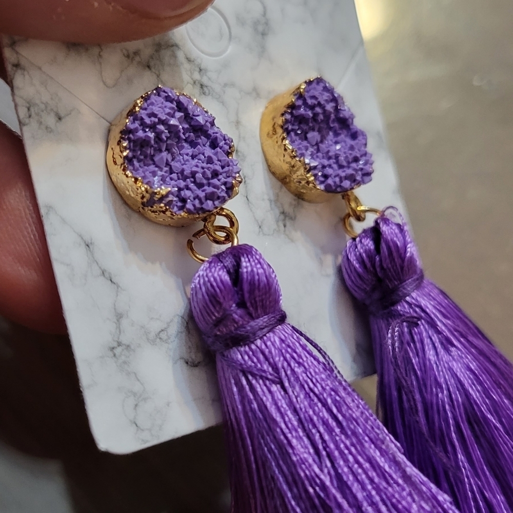 La Ti Da Handmade Creations Three Tier Tassel Earrings 3" Purple - Picture 3 of 3